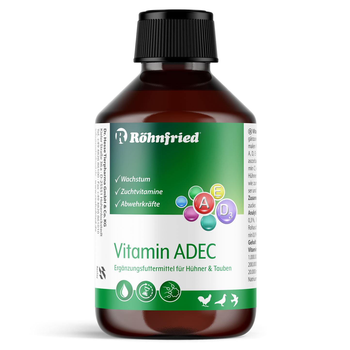Röhnfried Vitamin ADEC 250ml Flasche – Ergänzungsfuttermittel für Geflügel und Tauben zur zusätzlichen Vitaminversorgung über das Trinkwasser.