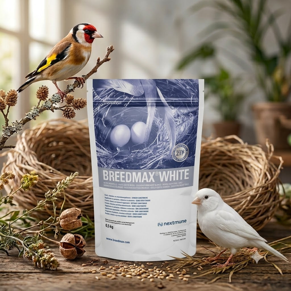 Breedmax White 500g Packung – Carotinfreies Ergänzungsfuttermittel für weiße Kanarien und Mosaikvögel zur farbechten Kükenaufzucht.