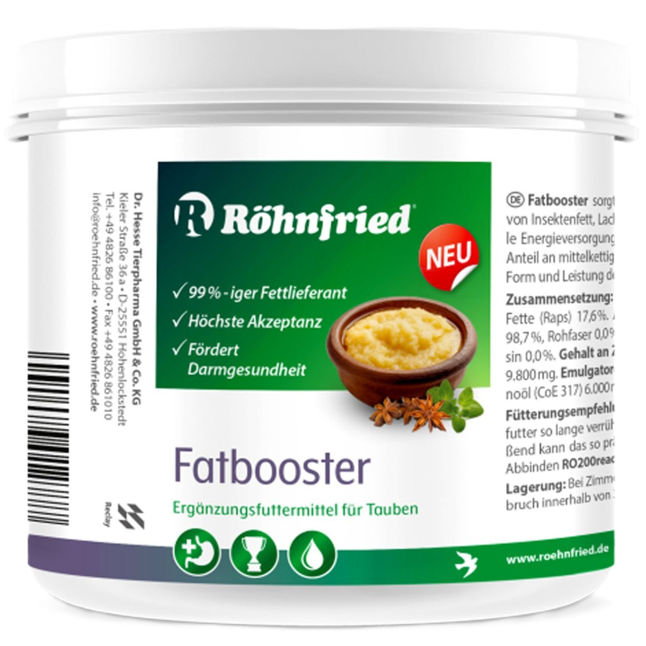Röhnfried Fatbooster Flasche – Ergänzungsfuttermittel für Tauben auf Basis von Insektenfett, Lachsöl und Oreganoöl zur Leistungssteigerung vor Wettflügen.