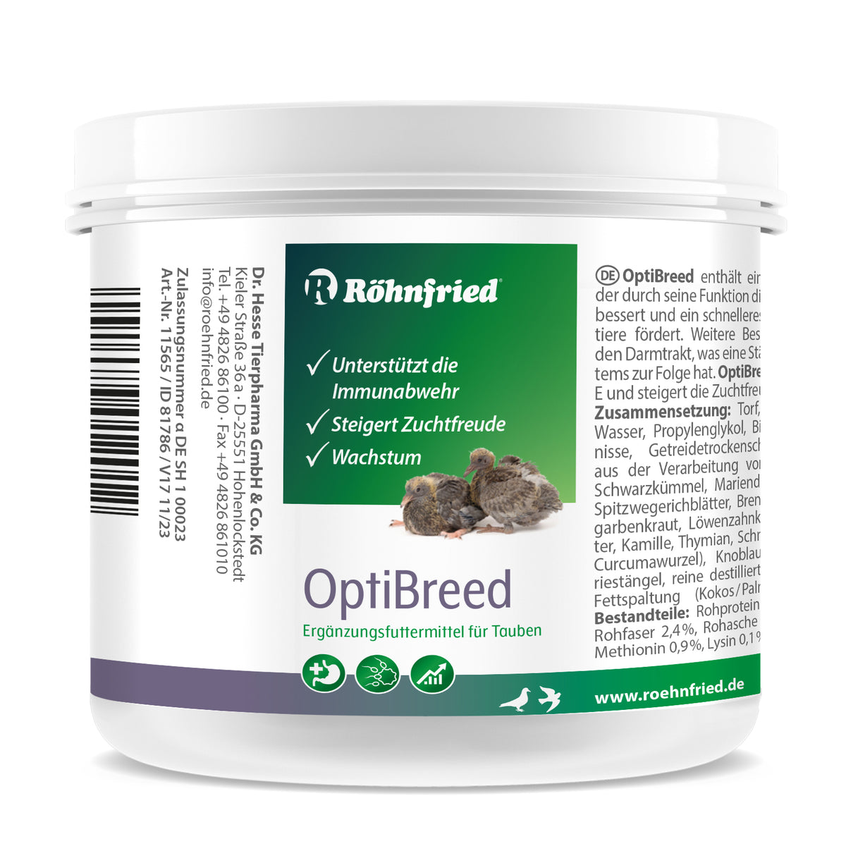 200g-Dose Röhnfried OptiBreed, Ergänzungsfuttermittel für Tauben mit Vitaminen und Kräutern für gesteigerte Zuchtfreude, gesundes Wachstum und Darmstabilisierung.