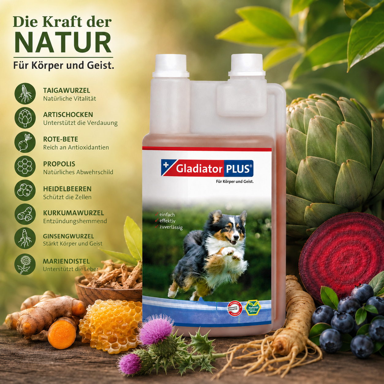GladiatorPLUS Milieufütterung für Hunde – flüssiges Ergänzungsfuttermittel mit acht Premium-Naturstoffen 1000ml