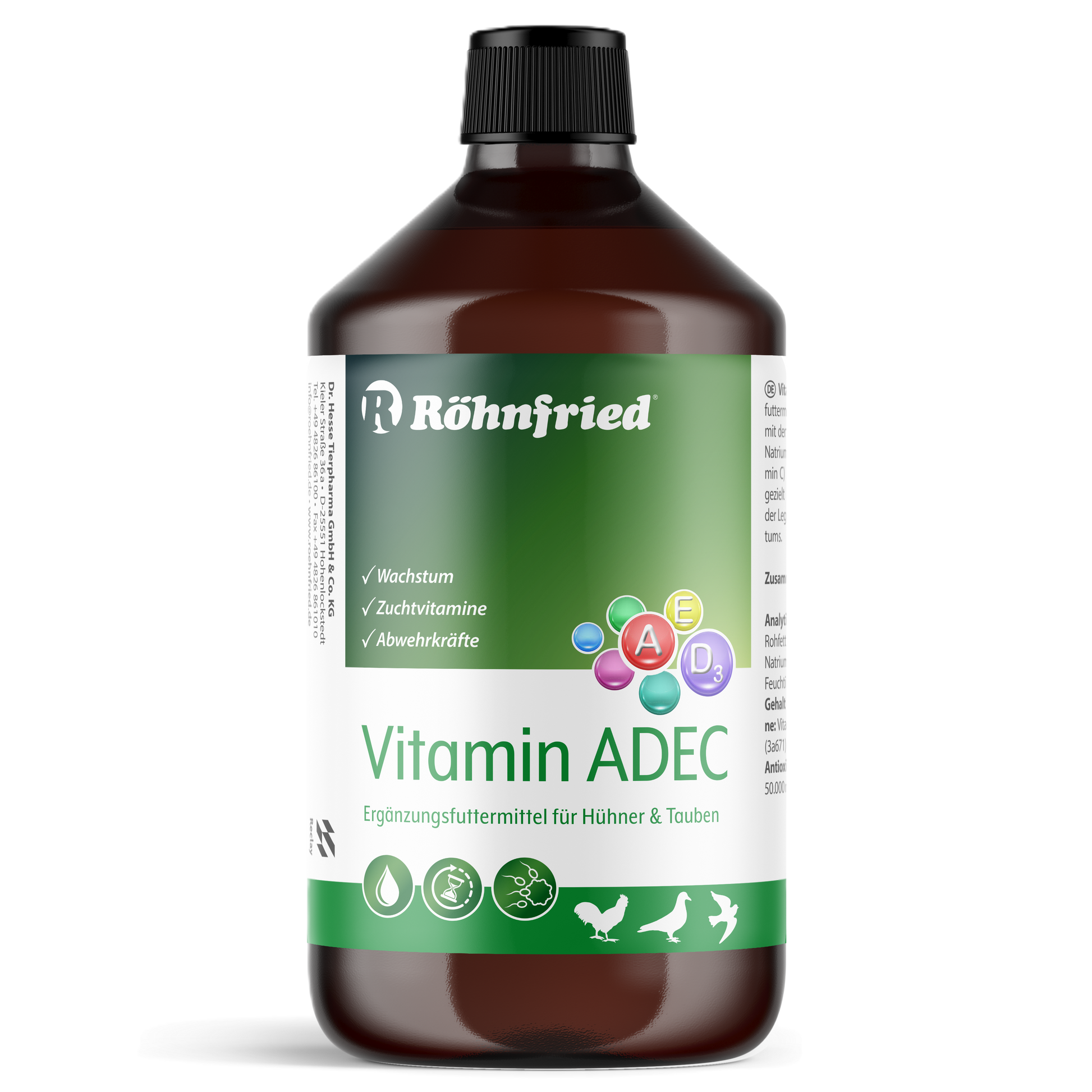 Röhnfried Vitamin ADEC 1000ml Flasche – Ergänzungsfuttermittel für Geflügel und Tauben zur zusätzlichen Vitaminversorgung über das Trinkwasser.