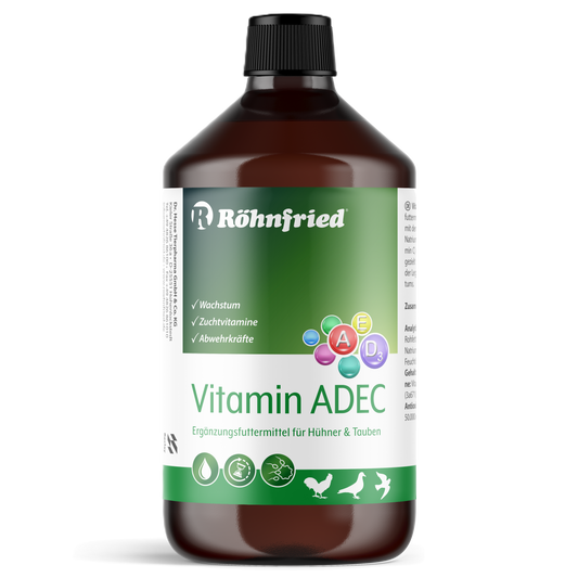 Röhnfried Vitamin ADEC 1000ml Flasche – Ergänzungsfuttermittel für Geflügel und Tauben zur zusätzlichen Vitaminversorgung über das Trinkwasser.
