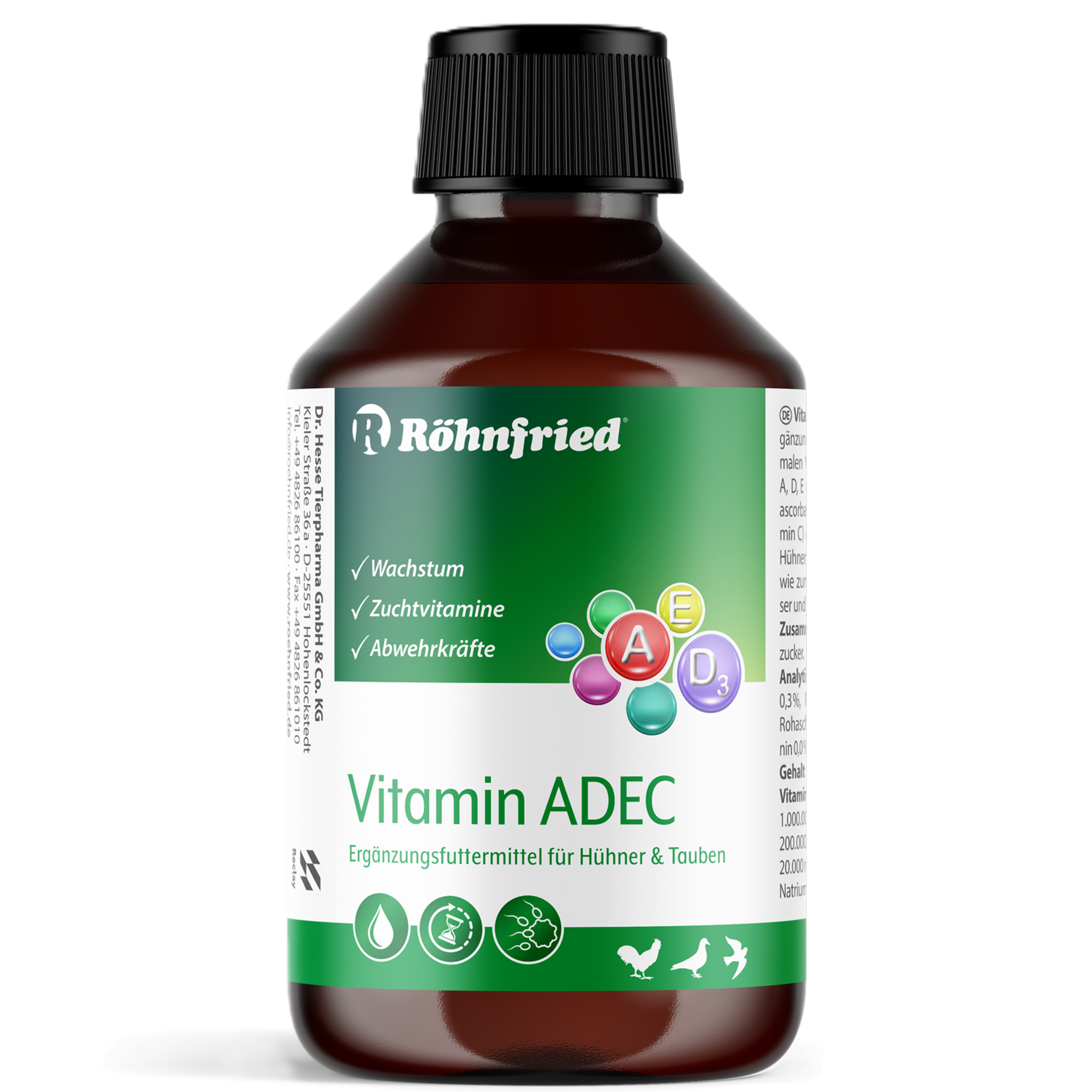 Röhnfried Vitamin ADEC 100ml Flasche – Ergänzungsfuttermittel für Geflügel und Tauben zur zusätzlichen Vitaminversorgung über das Trinkwasser.