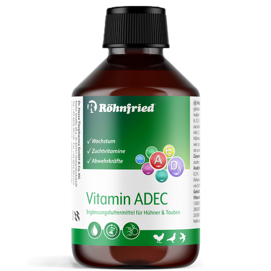 Röhnfried Vitamin ADEC 100ml Flasche – Ergänzungsfuttermittel für Geflügel und Tauben zur zusätzlichen Vitaminversorgung über das Trinkwasser.