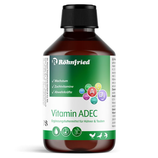 Röhnfried Vitamin ADEC 250ml Flasche – Ergänzungsfuttermittel für Geflügel und Tauben zur zusätzlichen Vitaminversorgung über das Trinkwasser.
