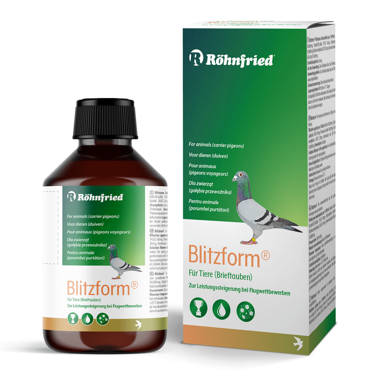 Röhnfried Blitzform 250ml Flasche – Flüssiges Ergänzungsfuttermittel für Tauben mit Jod und Eisen zur Leistungssteigerung bei Wettflügen.
