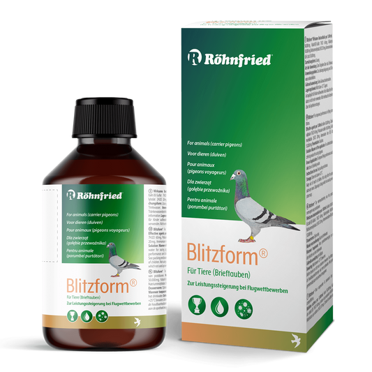 Röhnfried Blitzform 250ml Flasche – Flüssiges Ergänzungsfuttermittel für Tauben mit Jod und Eisen zur Leistungssteigerung bei Wettflügen.