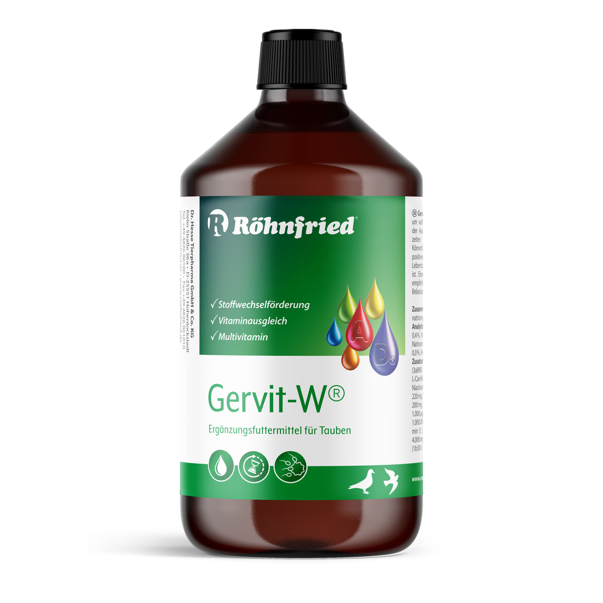 1000ml-Flasche Röhnfried Gervit-W, flüssiges Multivitamin-Ergänzungsfuttermittel für Tauben zur Anwendung über Trinkwasser oder Körnerfutter bei Zucht, Reise und Mauser.