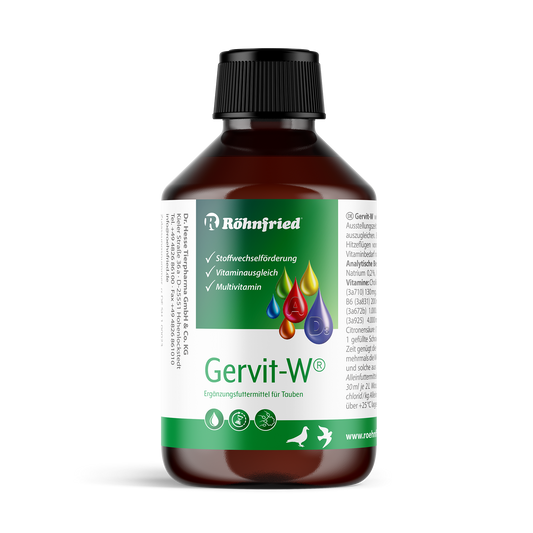100ml-Flasche Röhnfried Gervit-W, flüssiges Multivitamin-Ergänzungsfuttermittel für Tauben zur Anwendung über Trinkwasser oder Körnerfutter bei Zucht, Reise und Mauser.