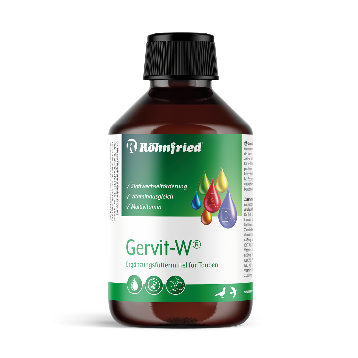 250ml-Flasche Röhnfried Gervit-W, flüssiges Multivitamin-Ergänzungsfuttermittel für Tauben zur Anwendung über Trinkwasser oder Körnerfutter bei Zucht, Reise und Mauser.