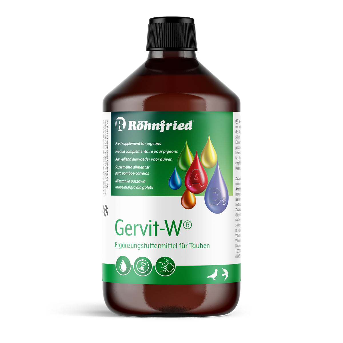 500ml-Flasche Röhnfried Gervit-W, flüssiges Multivitamin-Ergänzungsfuttermittel für Tauben zur Anwendung über Trinkwasser oder Körnerfutter bei Zucht, Reise und Mauser.