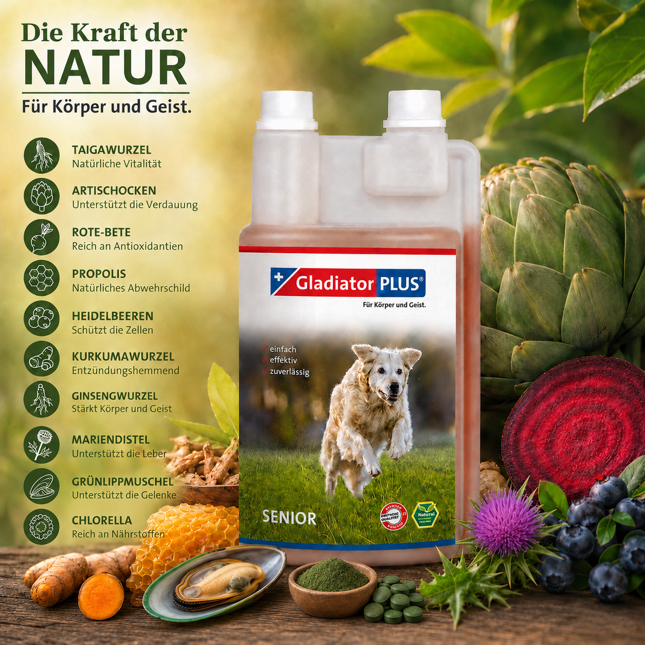 GladiatorPLUS Milieufütterung für Hundesenioren mit Grünlippmuschel und Premium-Naturstoffen 1000ml