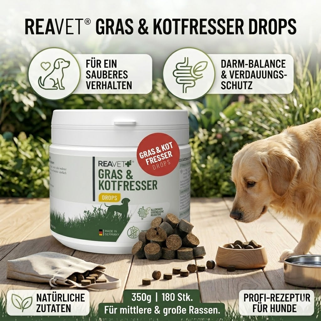 REAVET Gras & Kotfresser Drops 350g Dose – Natürliche Ergänzungs-Snacks für Hunde zur Unterstützung von Magen, Darm und optimaler Verdauungsfunktion.