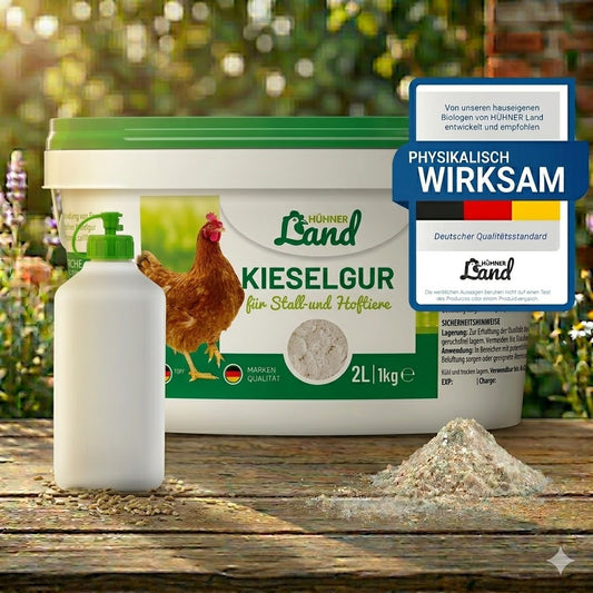 Hühner Land Kieselgur 1kg Eimer zur natürlichen Verbesserung des Stallklimas und effektiven Bindung von Feuchtigkeit im Hühnerstall