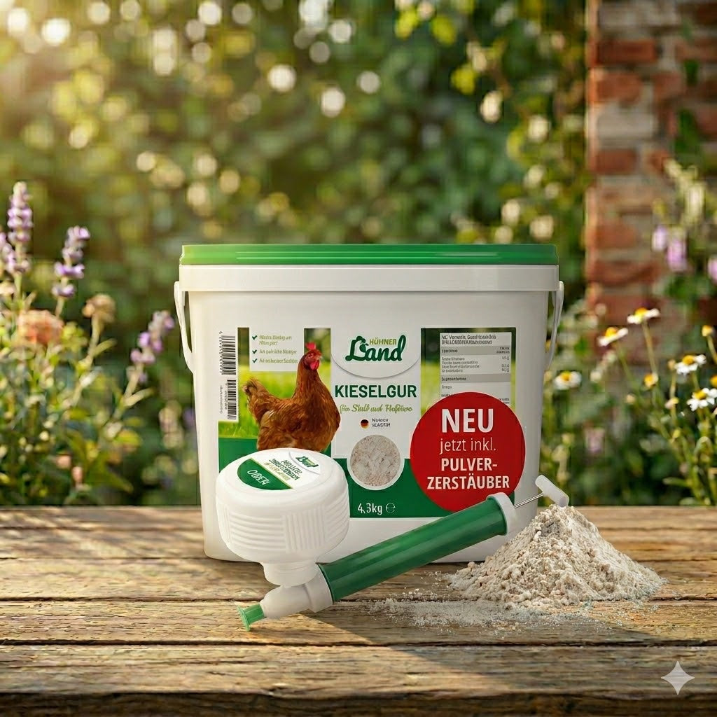 Hühner Land Kieselgur 4,3kg Eimer zur natürlichen Verbesserung des Stallklimas und effektiven Bindung von Feuchtigkeit im Hühnerstall inkl. Stäubepumpe