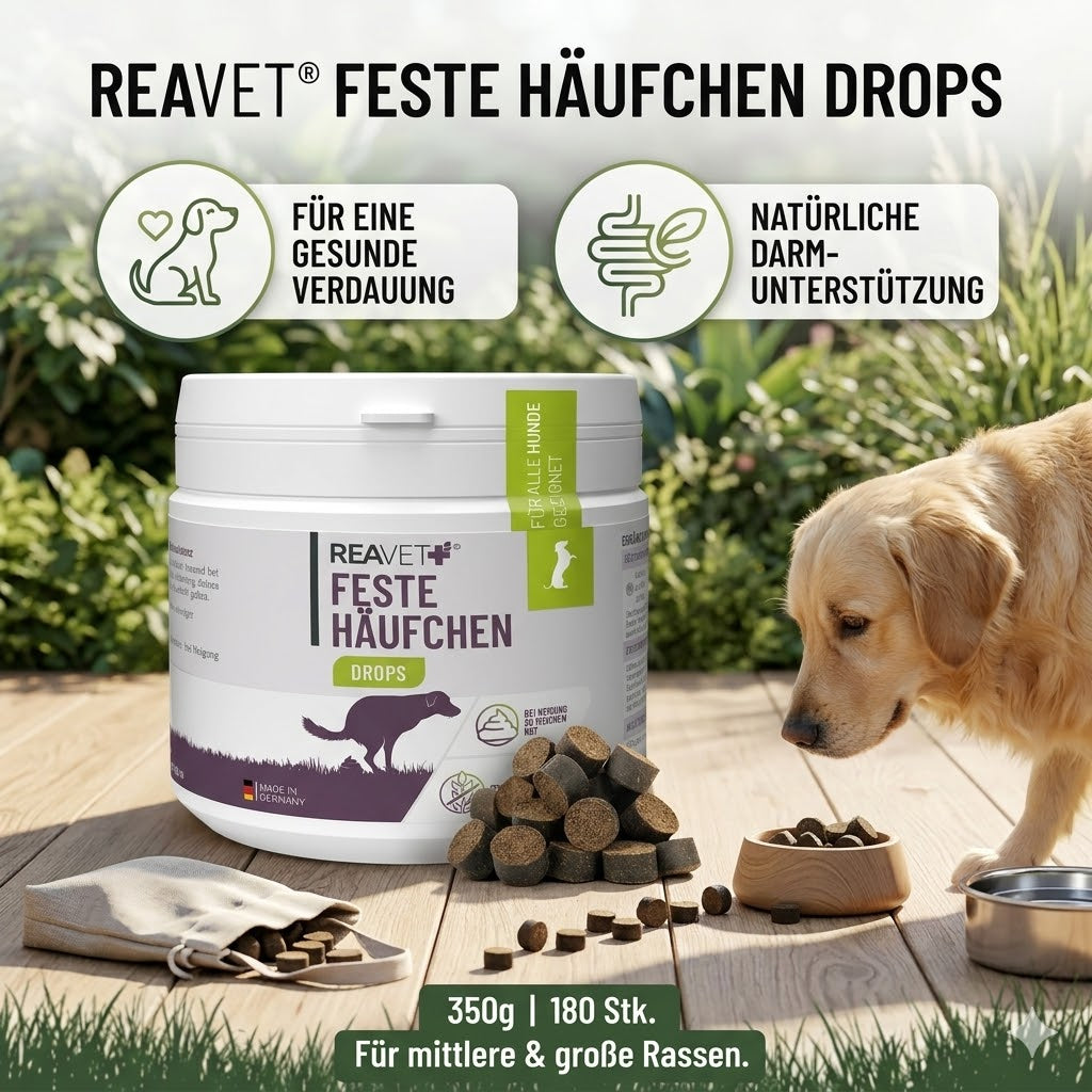 REAVET Feste Häufchen Drops 350g Dose – Natürliche Ergänzungs-Snacks für Hunde zur Förderung einer normalen Kotkonsistenz und Unterstützung der Darmbalance.