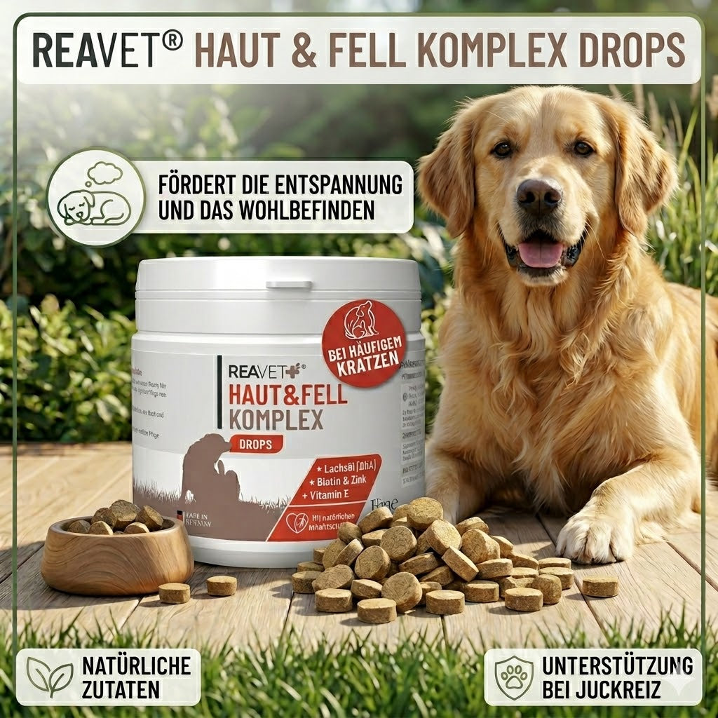 REAVET Haut & Fell Komplex Drops 350g Dose – Natürliche Ergänzungs-Snacks für Hunde zur Linderung von Juckreiz und Unterstützung im Fellwechsel.