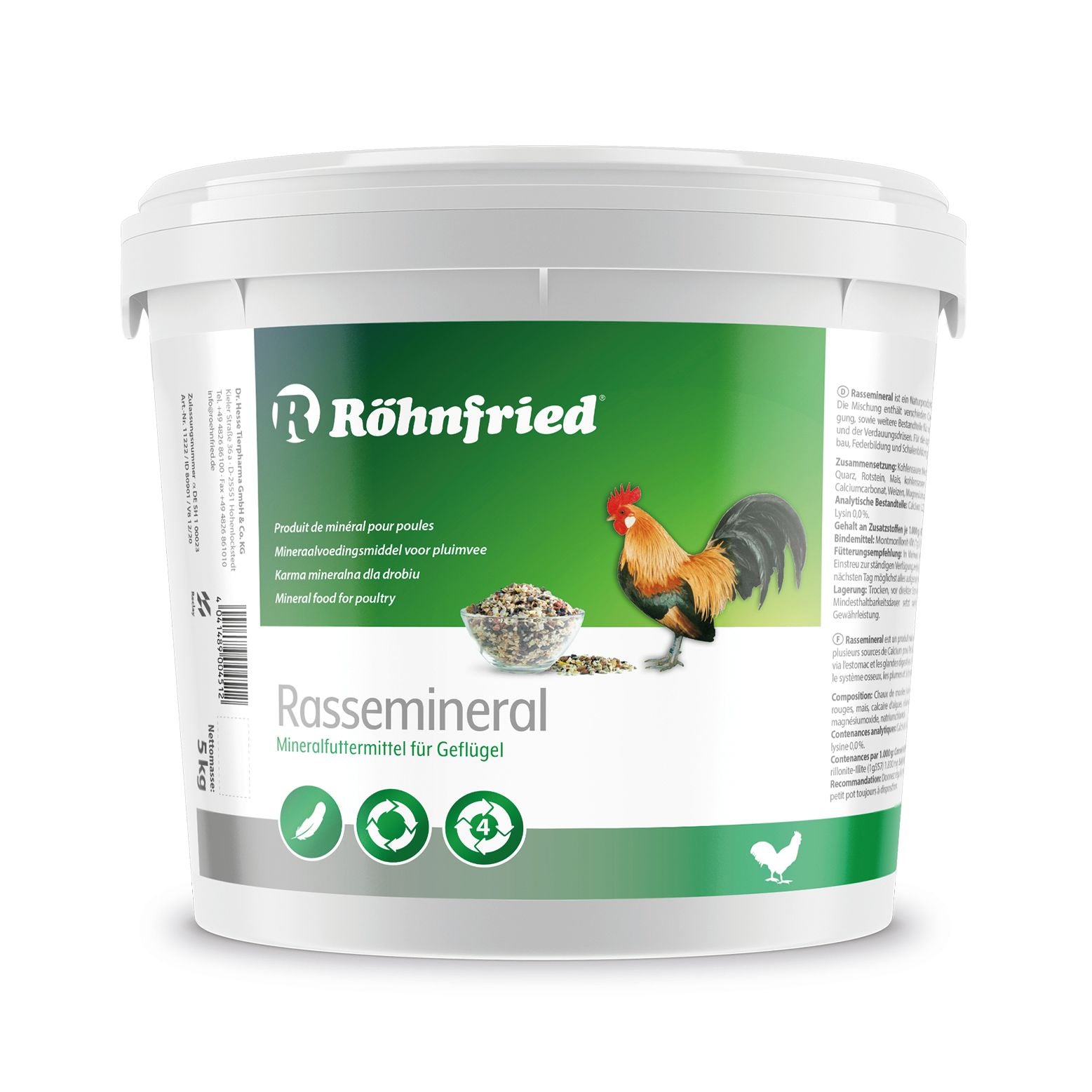 Röhnfried Rassegeflügel Mineral 5kg Packung – Mineralfutter für Hühner und Rassegeflügel mit Muschelschalen und Magensteinchen zur Verdauungsförderung.