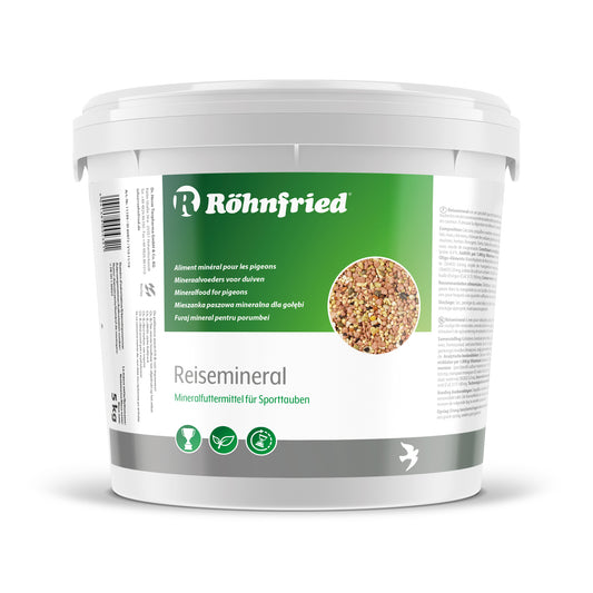 Röhnfried Reise Mineral 5kg Packung – Hochwertiges Mineralfutter für Brieftauben mit Oregano und Kräutern zur Stoffwechselanregung.