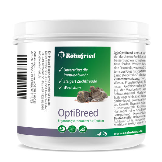 200g-Dose Röhnfried OptiBreed, Ergänzungsfuttermittel für Tauben mit Vitaminen und Kräutern für gesteigerte Zuchtfreude, gesundes Wachstum und Darmstabilisierung.