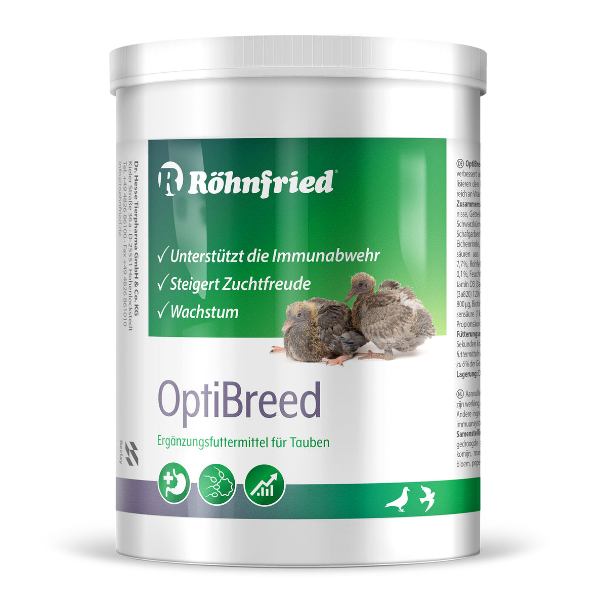 600g-Dose Röhnfried OptiBreed, Ergänzungsfuttermittel für Tauben mit Vitaminen und Kräutern für gesteigerte Zuchtfreude, gesundes Wachstum und Darmstabilisierung.
