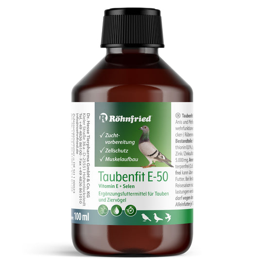 100ml-Flasche Röhnfried Taubenfit E-50, Ergänzungsfuttermittel für Brieftauben mit Vitamin E und Selen zur Zuchtvorbereitung und Reisezeit.