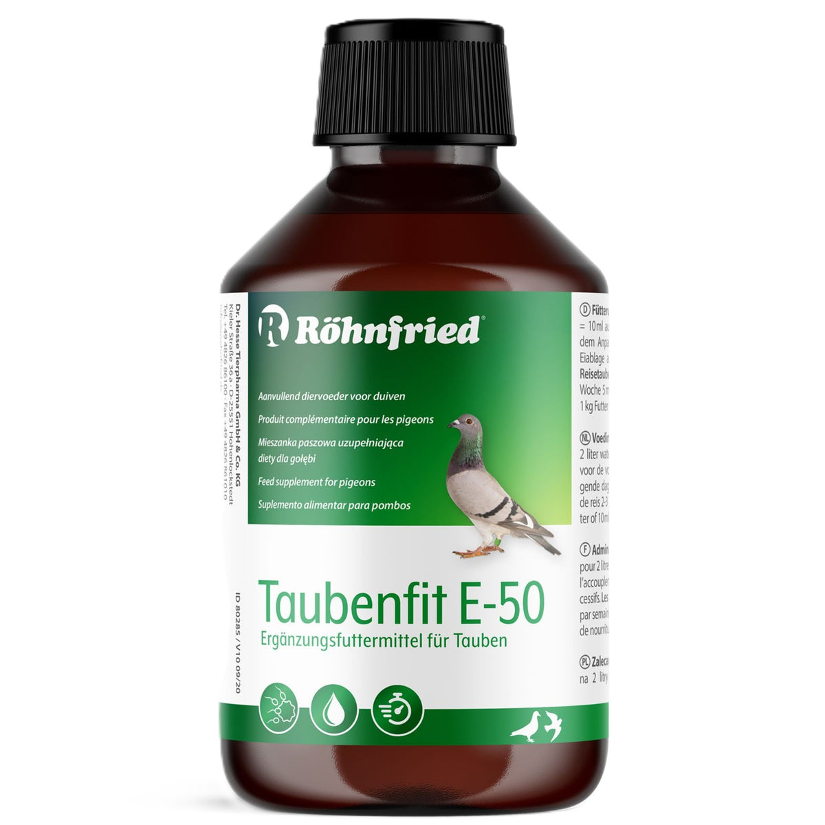250ml-Flasche Röhnfried Taubenfit E-50, Ergänzungsfuttermittel für Brieftauben mit Vitamin E und Selen zur Zuchtvorbereitung und Reisezeit.