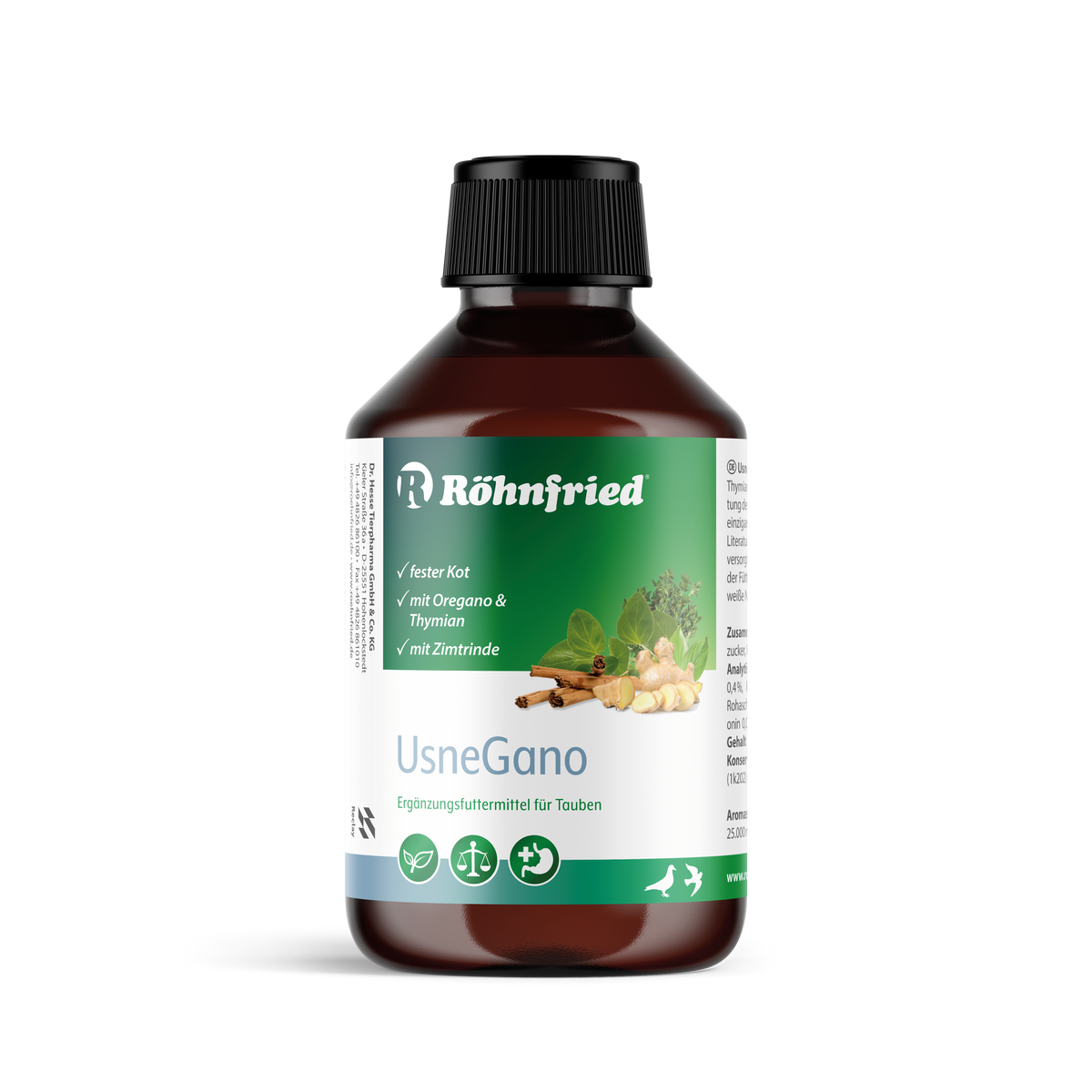 100ml Flasche UsneGano Ergänzungsfuttermittel für Tauben und Ziervögel – Flüssige Kräutermischung mit Oreganoöl, Thymian und Ingwer zur Unterstützung der Verdauung und Darmflora.