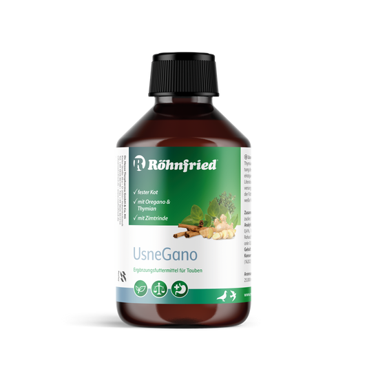 100ml Flasche UsneGano Ergänzungsfuttermittel für Tauben und Ziervögel – Flüssige Kräutermischung mit Oreganoöl, Thymian und Ingwer zur Unterstützung der Verdauung und Darmflora.