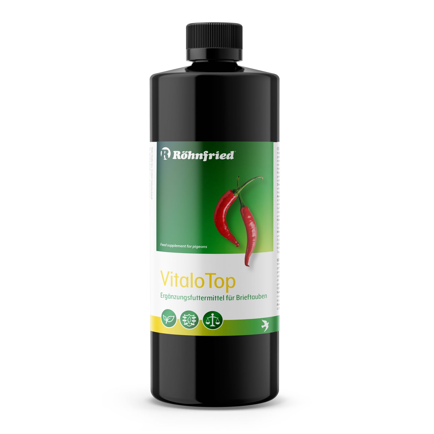 Röhnfried VitaloTop Flasche – Flüssiges Ergänzungsfuttermittel für Tauben mit Chiliextrakt zur Stärkung der Abwehrkräfte und Regulierung der Darmflora.